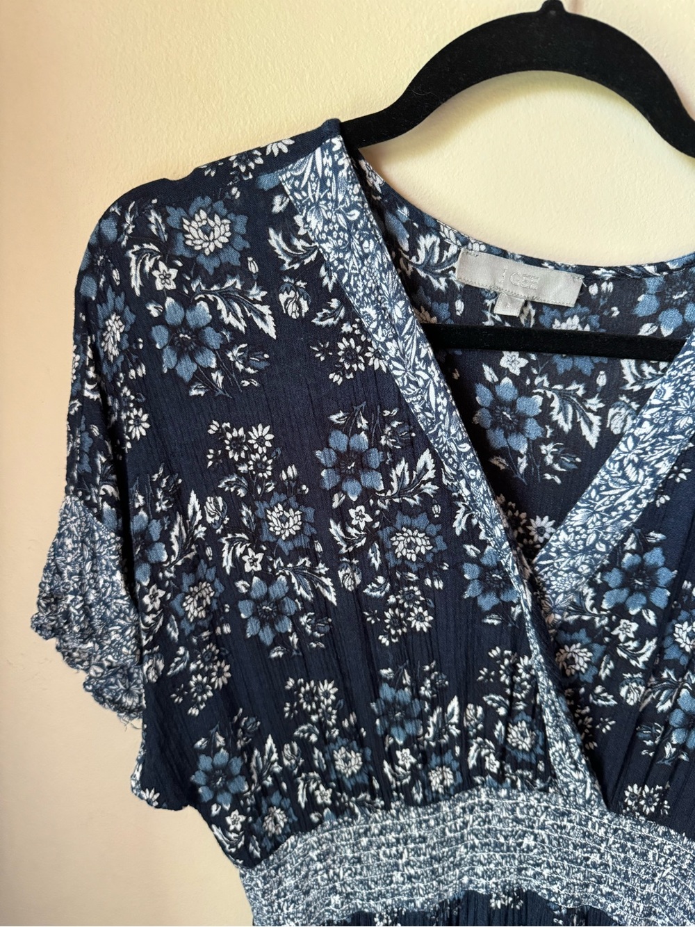 J Gee Navy Floral Midi Dress with Smocked Waist